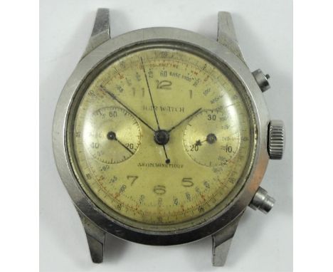 Agir Watch, a stainless steel manual wind chronograph wristwatch, circa 1950's, the off white dial with two subsidiary dials 