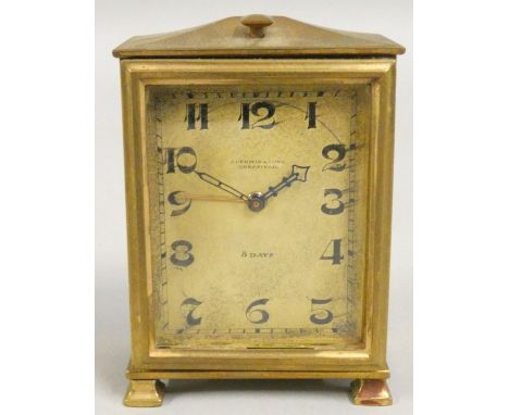 A French 8 day alarm boudoir clock, retailed by J. Sermin, Sheffield, with Arabic numerals, architectural case, height 9 cm, 
