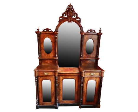 A Victorian burr walnut, rosewood and boxwood inlaid mirrored cabinet, the mirrored upper section with scroll surmounted arch