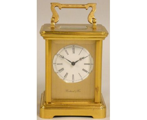 Richard &amp; Cie, a French brass striking carriage clock, the white enamel dial with Roman numerals, the 13 jewel movement s