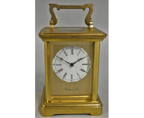 Richard &amp; Cie, a French brass striking carriage clock, the white enamel dial with Roman numerals, the 13 jewel movement s