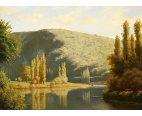{Alexandre de Gassowski. 1835 Dôle - um 1900 Grandfontaine.} Sign. Prachtvolle Flusslandschaft an einem Sommertag. Öl/Lwd. 54