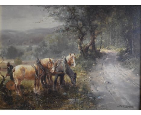 {C. König. Maler des 20. Jh.} Sign. Holzfäller mit drei Pferden am Waldrand. Öl/Holz. 28 x 39 cm. R