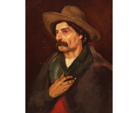 {Hans von Faber du Faur. 1863 Stuttgart - 1940 München.} Verso Nachlaßstempel. Portrait eines Mannes mit Hut. Öl/Ktn. 65 x 52