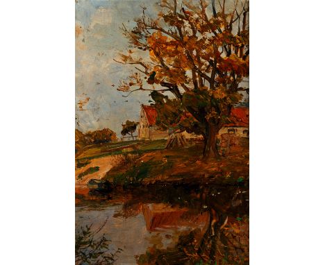 {Amelie Ruths. 1871 - Hamburg - 1956.} Verso Nachlaßstempel. Herbstliche Landschaft mit Weiher und Gehöft. Öl/Holz. 26 x 17,5