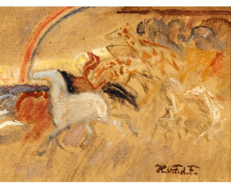 {Hans von Faber du Faur. 1863 Stuttgart - 1940 München.} Monogr. Pferde unter Regenbogen. Öl/Ktn. 26 x 33 cm. R