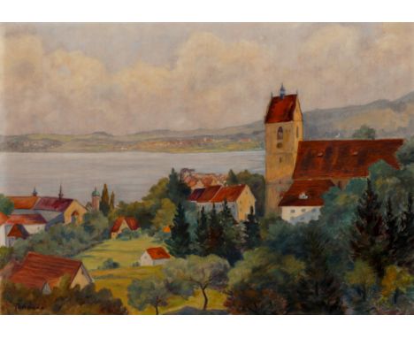 {Christa Pochmann, geb. Wüsthofen. 1936 - 2021. Vorarlberger Künstlerin.} Sign. Blick über St. Gallus auf die Bregenzer Bucht