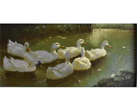 {Bost. Maler des 20. Jh.} Sign. Sieben Enten auf dem Teich. Öl/Holz. 9 x 18 cm. R