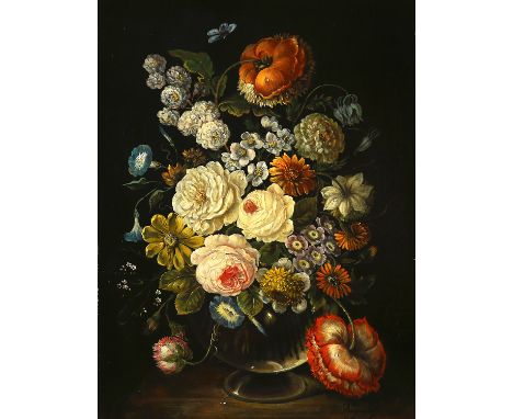 {Erich Josef Dogarth. 1927 Wien - 2008.} Sign. Blumenstrauß in altmeisterlicher Manier. Öl/Holz. 41 x 31 cm. R