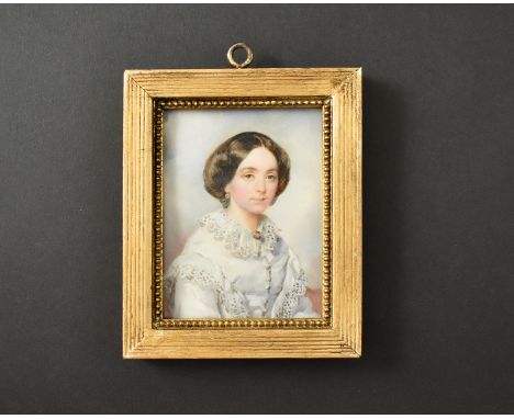 {Portrait einer jungen Frau} im weißen Kleid. Verso beschriftet "Contessa Castiglione di Milano 1852". Auf Elfenbein. Mitte 1
