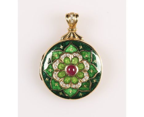 {Medaillonanhänger} der Firma Fabergé Viktor Mayer. Rubincabochon mit kleinen Brillanten in 18 ct. GG-Fassung. H 4 cm. 23 g