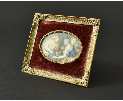 {Lot und seine Töchter.} Auf Elfenbein. 18. Jh. Oval, 4,2 x 6,3 cm. R