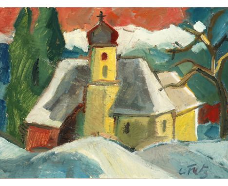 {Leopold Fetz. 1915 Reuthe im Bregenzerwald - 2012 Bregenz.} Sign. Winterliche Landschaft mit Kirchlein und Gebirgshintergrun