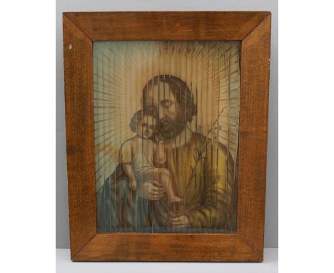 {Vexierbild} mit Portraits von Josef mit Jesuskind bzw. Christus. Kol. Lithographien. 19. Jh. 33 x 25 cm. R