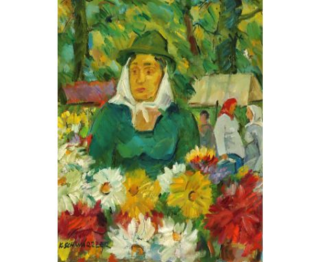 {Karl Schwärzler. 1907 - Lustenau - 1990. Studierte in Wien, u.a. bei Carl Fahringer.} Sign. Blumenhändlerin am Stand. Öl/Ktn