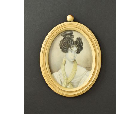 {Jan Nepomuk Glowatzki. 1802 - Krakau - 1847.} Sign. Portrait einer jungen Schönheit mit Hochfrisur, gelbem Schal und schulte
