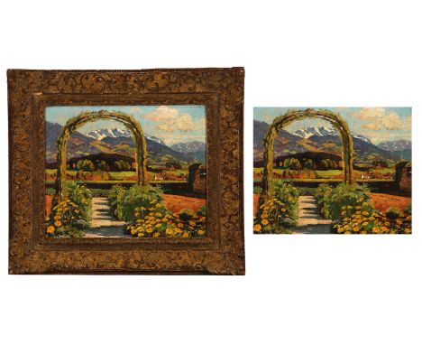 {Georg Hänel. 1879 Dresden - 1945.} Sign. Blick durch Blumenbogen aus einem Garten in Vorgebirgslandschaft im Frühling. Öl/Kt