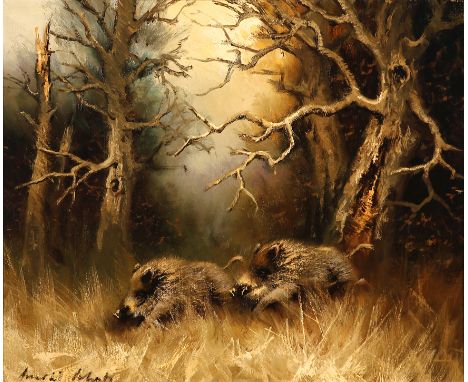 {Arnold Schatz. 1929 Stepenitz - 1999 Bielefeld.} Sign. Zwei Wildschweine auf Lichtung. Öl/Lwd. 50 x 60 cm. R