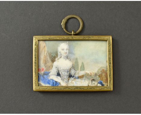 {Portrait einer Erzherzogin} vor Landschaftshintergrund beim Füttern eines Mopses. Auf Elfenbein. 1. H. 18. Jh. 4,2 x 6,5 cm.