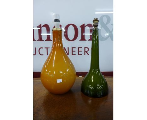A Danish Kastrup Glas green glass table lamp and a brown glass table lamp 