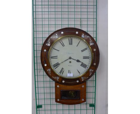 A Victorian Welsh rosewood and mother of pearl inlaid fusee wall clock, the dial signed D. Mostern, Wrexham, 58cms h 
