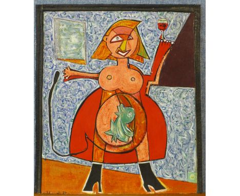 French School, abstract portrait of a woman, mixed media on paper, indistinctly signed verso, 31 x 27cms, unframed 
