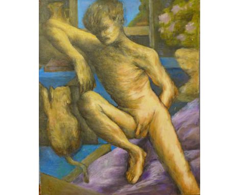 Joseph Smalley (1922-2016), portrait of a male nude, oil on board, 67 x 55cms, unframed 
