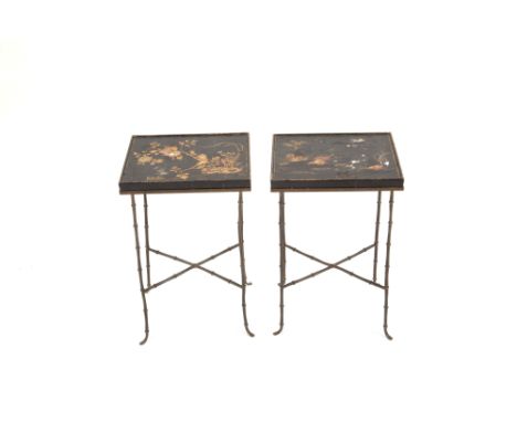 Pair of patinated iron tables with fake bamboo finish and chinoiserie lacquered wooden top. Early 20th century. Defects. 49x3