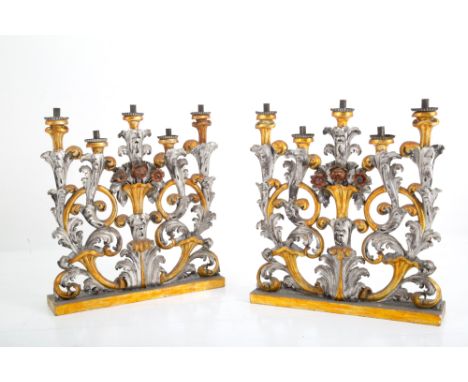 Pair of five-light candelabra in carved, lacquered and partially gilded wood with mecca. 18th century. 70x70x15 cm approx. Co