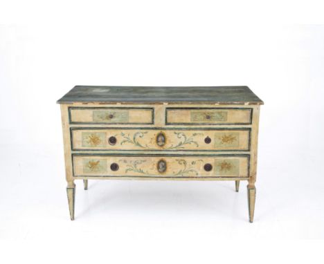 Chest of drawers in lacquered and painted wood with four drawers and a faux marble top. Marche. Late 18th century. Defects in