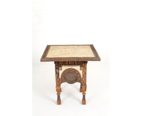 CARLO BUGATTI (Milano 1855-1940). Coffee table with square top covered in painted parchment, embossed copper and metal insert