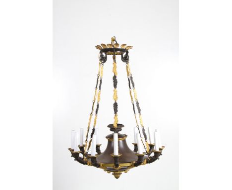 Twelve-light chandelier in patinated and gilded bronze. Napoleon III period. Minor defects.&nbsp;100x70 cm approx.&nbsp;Lampa