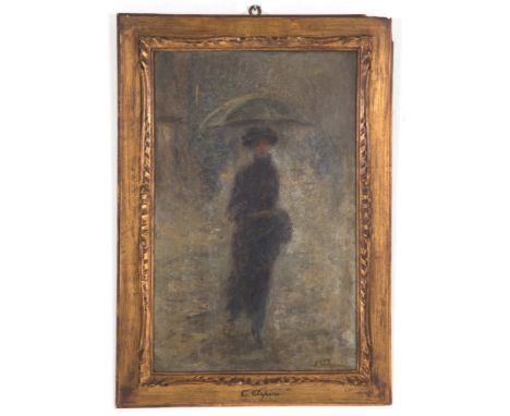 CARLO ARPINI (Ancona 1866-Monza 1922). Oil painting on panel, study for painting "THE FIRST SNOW". Signed lower right. Framed