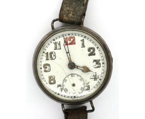 925 silver cased trench watch, 10 jewel movement on a black leather strap, not working at lotting. P&amp;P Group 1 (£14+VAT f