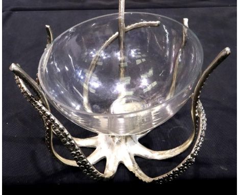 Glass fruit bowl on a cast metal octopus form base, D: 30 cm, H: 29 cm, small chip to rim of bowl. P&amp;P Group 3 (£25+VAT f