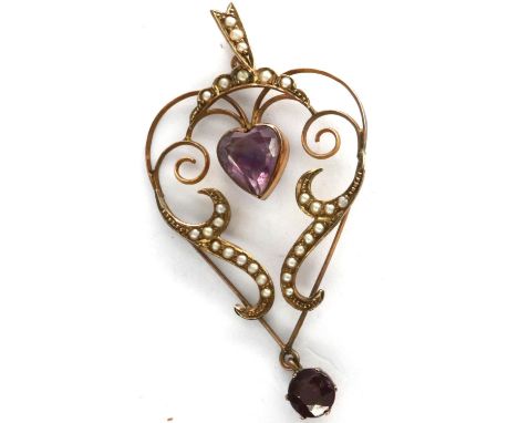 Edwardian amethyst and seed pearl pendant, H: 50 mm, 3.1g. P&amp;P Group 1 (£14+VAT for the first lot and £1+VAT for subseque