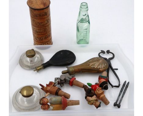 19th century mixed collectables including a pair of Georgian sugar nips, a five tier cylindrical spice jar, inkwells etc. P&a