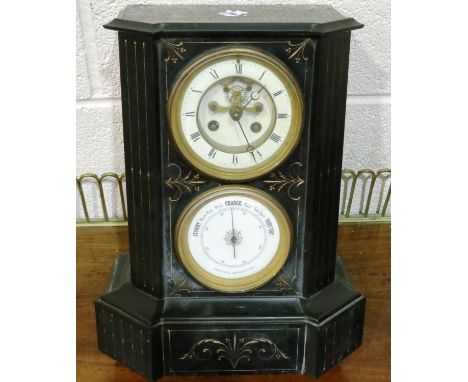 Samuel Marti 19th century slate mantel clock and barometer, the upper clock with enamelled dial and visible escapement, strik