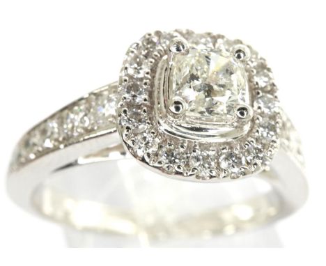 Neil Lane platinum cushion cut diamond ring with halo setting, 1.06ct TCW, fully hallmarked, in original and outer box, size 