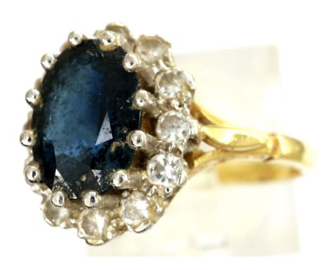 18ct gold sapphire and diamond cocktail ring, size L, 3.3g. All stones present, sapphire has minor inclusion (only visible un