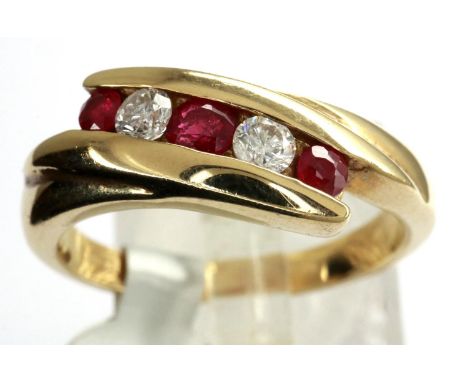 New old stock 9ct ruby and diamond five stone ring, fully hallmarked, size O, 4.0g. RRP £600. P&amp;P Group 1 (£14+VAT for th