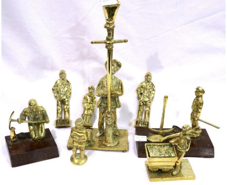 Collection of brass mining figurines and a gas lamp lighter figure (8), largest H: 34 cm. P&amp;P Group 3 (£25+VAT for the fi