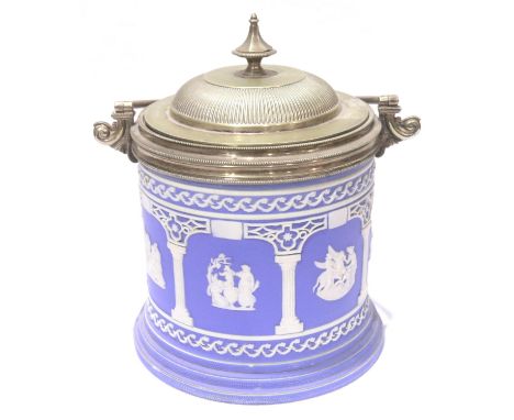 Late 19th century Wedgwood biscuit barrel in the Jasperware manner with applied white decoration against a blue ground with s
