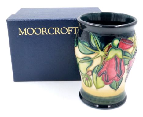 Boxed Moorcroft Kapok tree vase, signed Sian Leeper for Moorcroft in gold to base, H: 14 cm, no cracks or chips, crazing thro