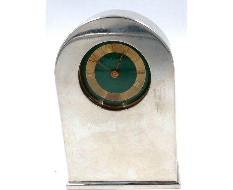 Hallmarked silver Thomas Goode mantle clock with gilt and guilloche enamelled dial, London assay, H: 16 cm, not working at lo