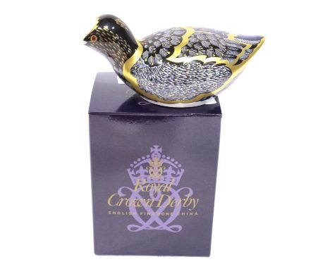 Boxed limited edition Royal Crown Derby, Chatsworth Coot paperweight, 335/1000 with gold stopper, L: 14 cm, no cracks or chip