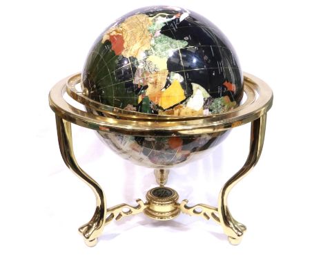 Terrestrial globe of brass and semi precious stones, H: 53 cm. P&amp;P Group 2 (£18+VAT for the first lot and £3+VAT for subs