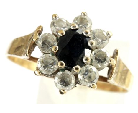 9ct gold cluster ring set with sapphires and cubic zirconia, size U, 2.3g. P&amp;P Group 1 (£14+VAT for the first lot and £1+