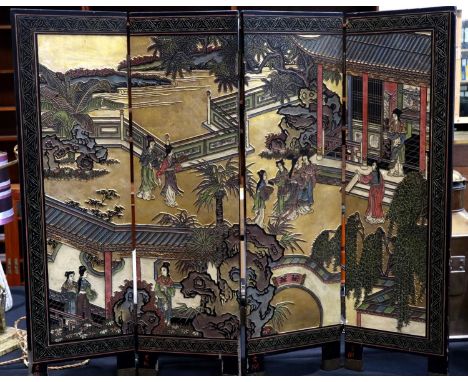 Japanese Meji period black lacquered four-panel screen with carved and polychromed decoration, 107 x 93 cm. Not available for