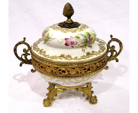 Sitzendorf 19th century ormolu mounted pot pourris with floral painted and gilt decoration against a white ground, H: 17 cm, 